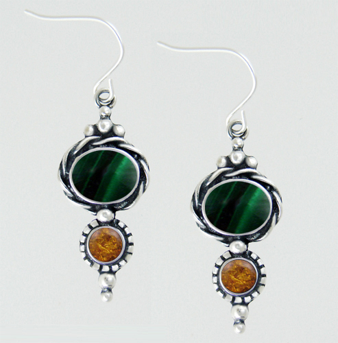 Sterling Silver Drop Dangle Earrings With Malachite And Amber